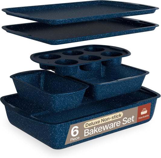 BAKKEN Kitchen Baking Pan Set - Nonstick Blue Marble Coating, Commercial Grade Carbon Steel Bakeware Sets, Baking Kitchen Essentials, PFOA, PFOS, PTFE Free, Oven Safe Tray (Up To 450° F), Set of 6