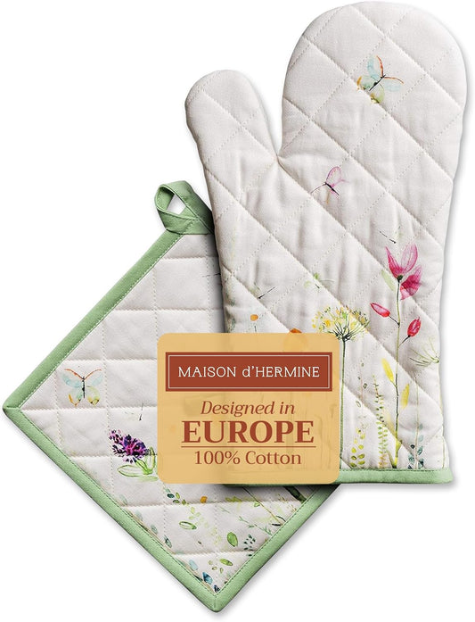 Maison d' Hermine 100% Cotton Oven Mitt & Pot Holder Set (7.5"x13" & 8"x8") Heat Resistant BBQ Cooking Gloves with Loop, Baking, Grilling, Kitchen, Handling Hot Pans Spring/Summer (Botanical Fresh)