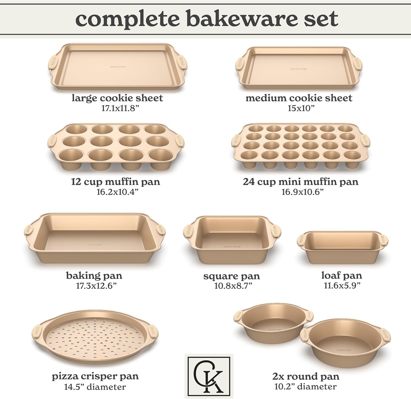 Country Kitchen Nonstick Stackable Bakeware Set - Heavy Duty, Durable, Easy Release Baking Set, Gold, 10 Pcs