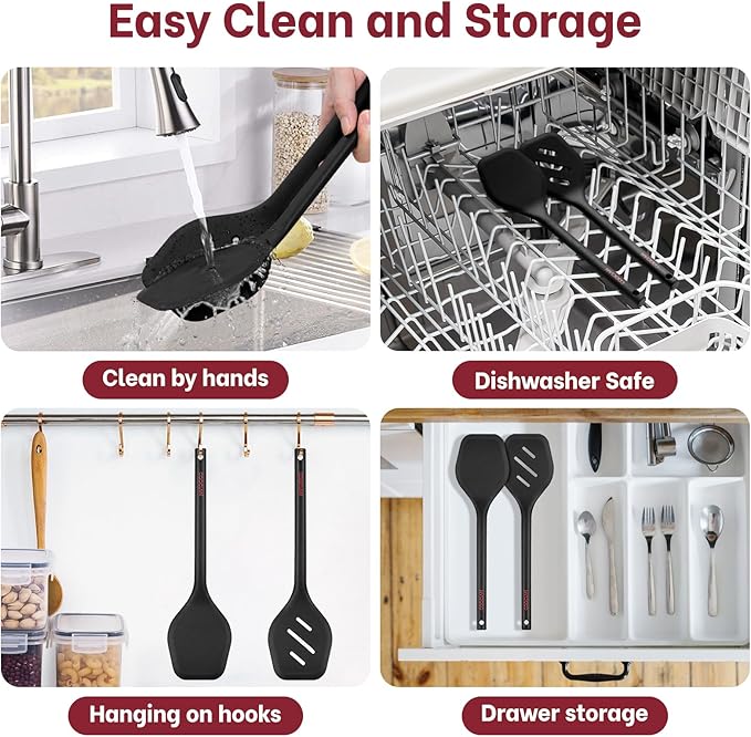 Silicone Spatula Set (BPA-Free), Ultra Heat Resistant Spatulas for Non-Stick Pans, 2 Pack Solid & Slotted Silicone Turner, One-Piece Cooking Spatula Turners for Kitchen Use, Black