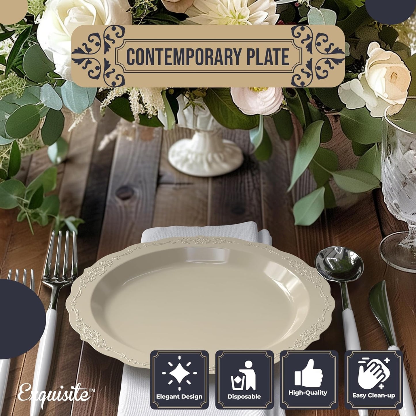 Exquisite Victorian 60-Piece Plastic Disposable Dinnerware Set - 60 x 7.5 inch Cream Plates for Party of 60 Guests