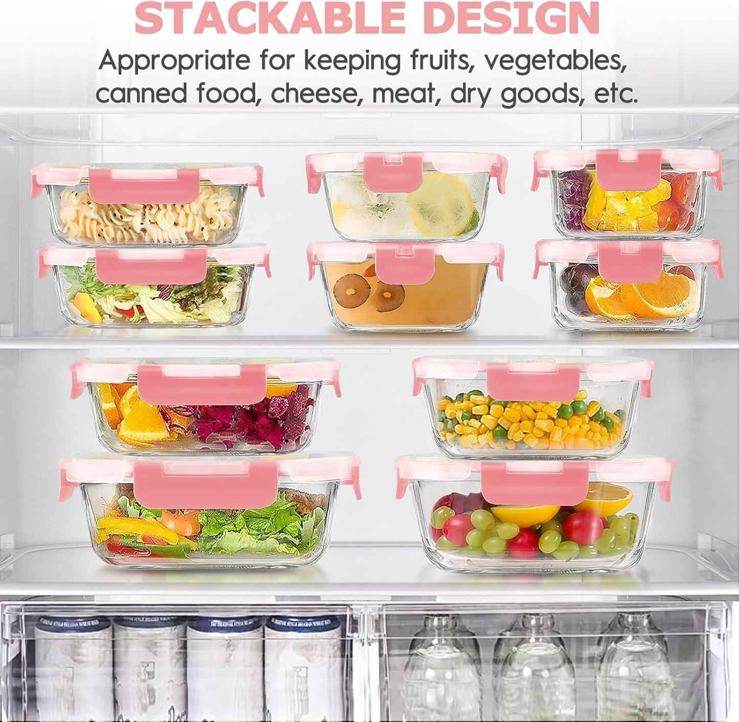 34pcs Glass Food Storage Containers with Lids Set, Airtight Glass Meal Prep Containers (17 Containers & 17 Lids), Leak Proof Lunch Containers BPA-Free, Microwave, Oven, Freezer, Dishwasher Safe-PINK