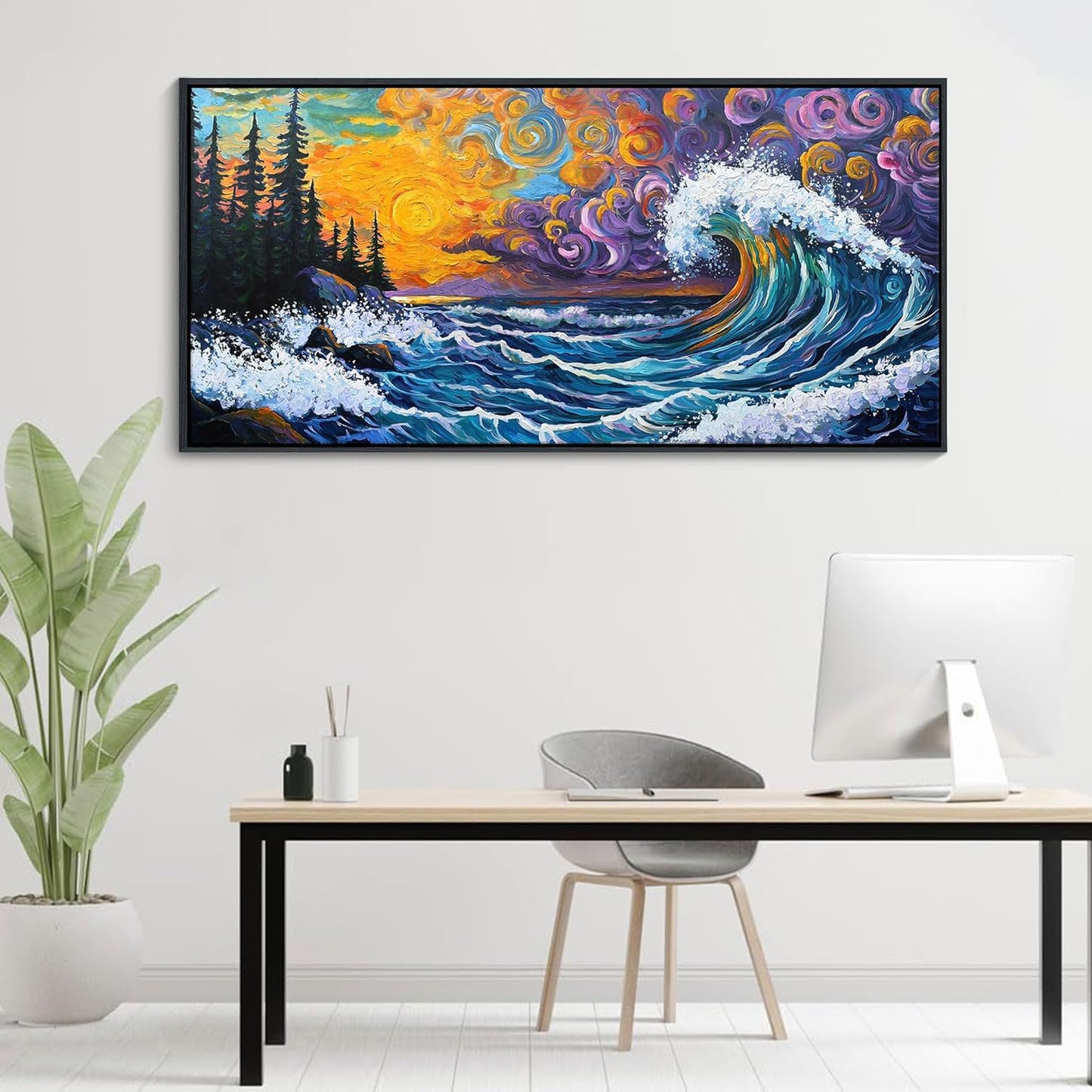 CHATYOUNG Large Framed Wall Art, Abstract Van Gogh Coastal Waves Sunrise Landscape Canvas Paintings Modern Pictures Print Artwork for Living Room Bedroom Kitchen Office Home Wall Decor 24"X48"