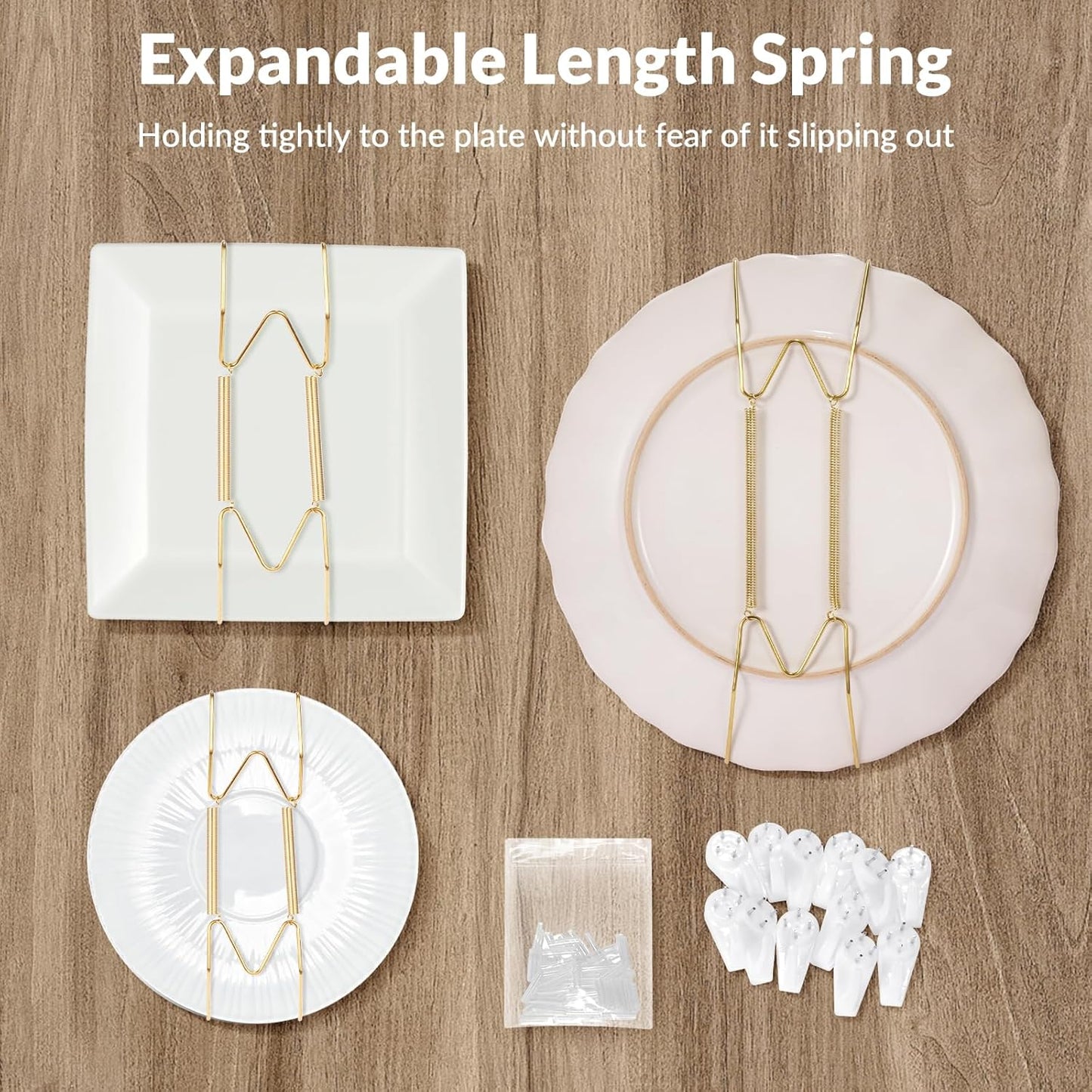 10-Pack Invisible Wall Plate Hangers, 8 Inch Brass Plate Holders with 12-Pack Wall Hooks