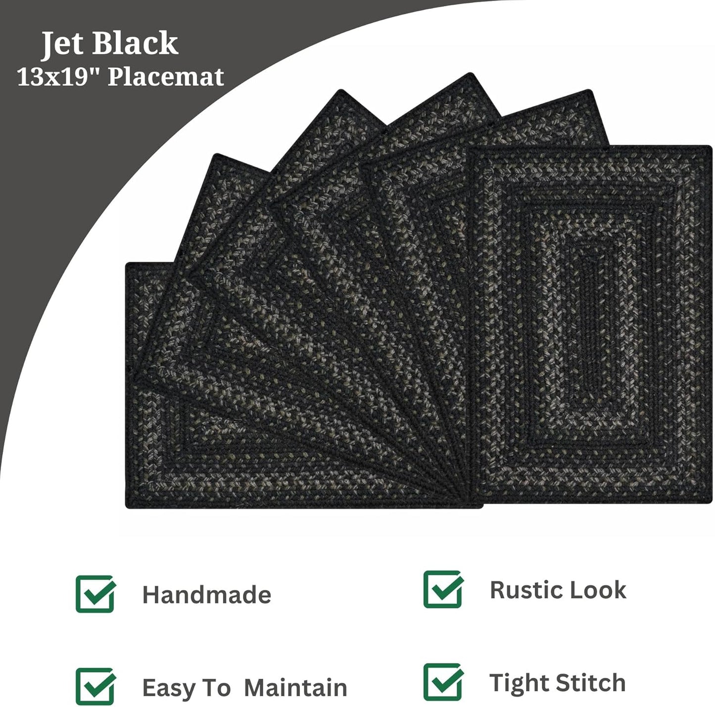 Homespice Jet Black Dining Placemats, Warm Primitive Decor, Set of 6-13x19 Rectangle Table Mats - Vibrant Colors, Durable, Easy to Clean and Protects Furniture