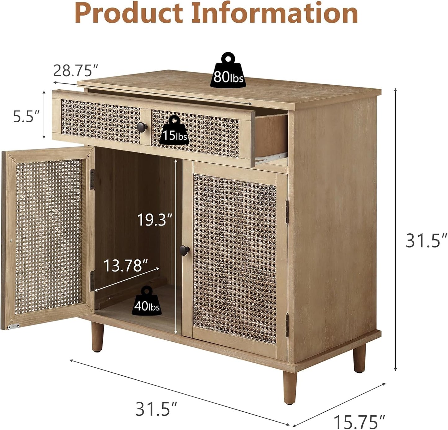Sideboard Buffet Cabinet, Rattan Storage Cabinet with 2 Doors and Removable Shelf, Farmhouse Decor with Drawers for Living Room, Entryway, Hallway, Kitchen, Dining Room