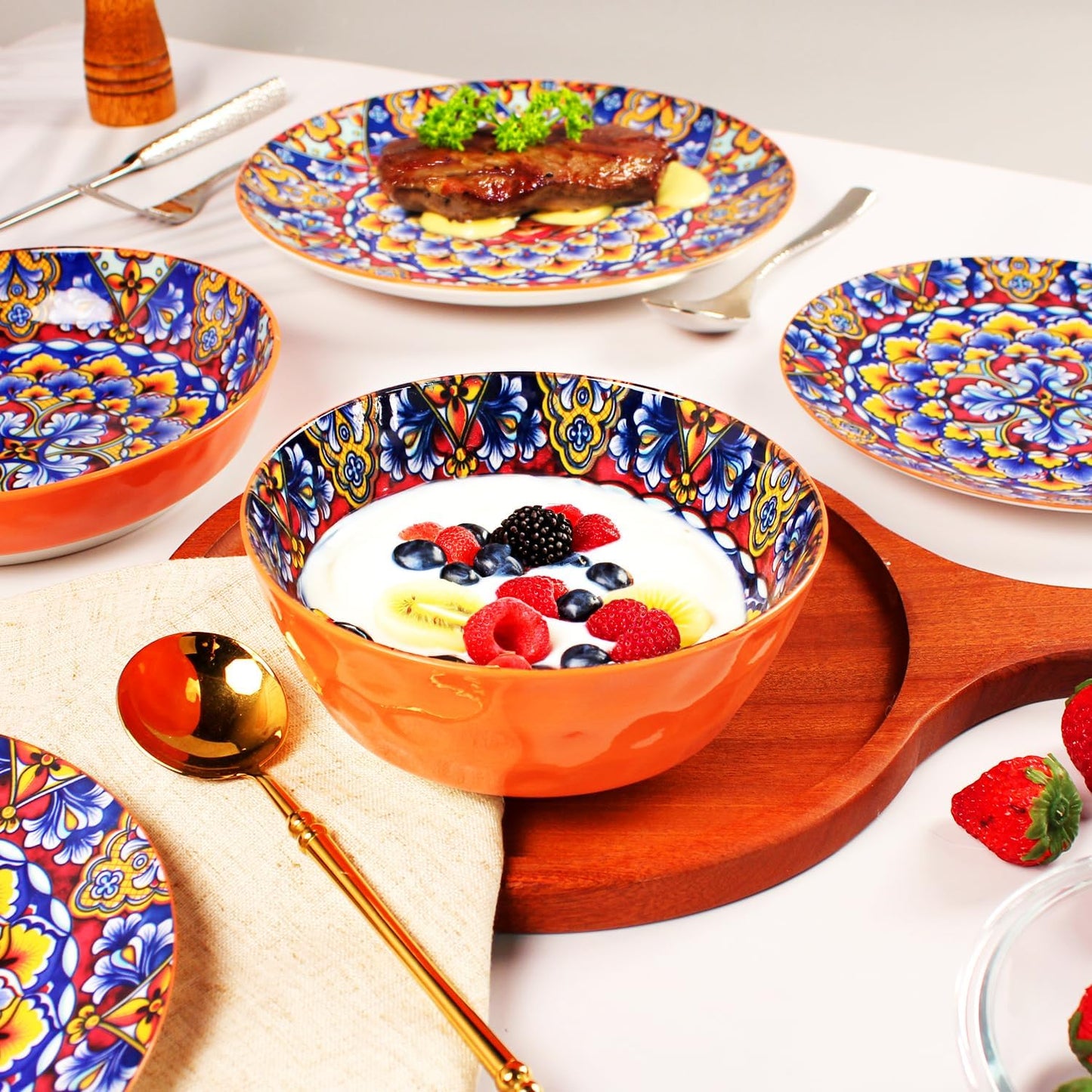 Mandala Dinnerware Sets, Plates and Bowls Set, Porcelain Dishes (16 Pieces) Service for 4, Zanzibar, Bohemian Style Dining Ware, for Kitchen and Dining Multicolor Dinnerware Set, Orange