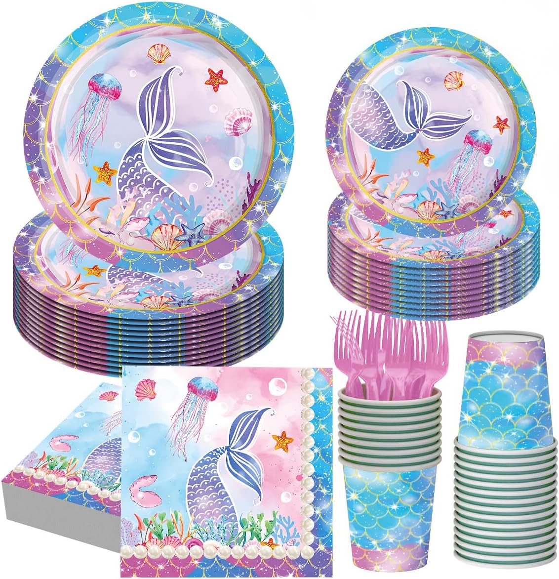 Mermaid Party Supplies Plates and Napkins Sets,Mermaid Birthday Decorations Disposable Plates for Baby Shower, Mermaids Theme Tableware with Cups, Tablecloth, Birthday Banner for Kids Girls, Serve 24