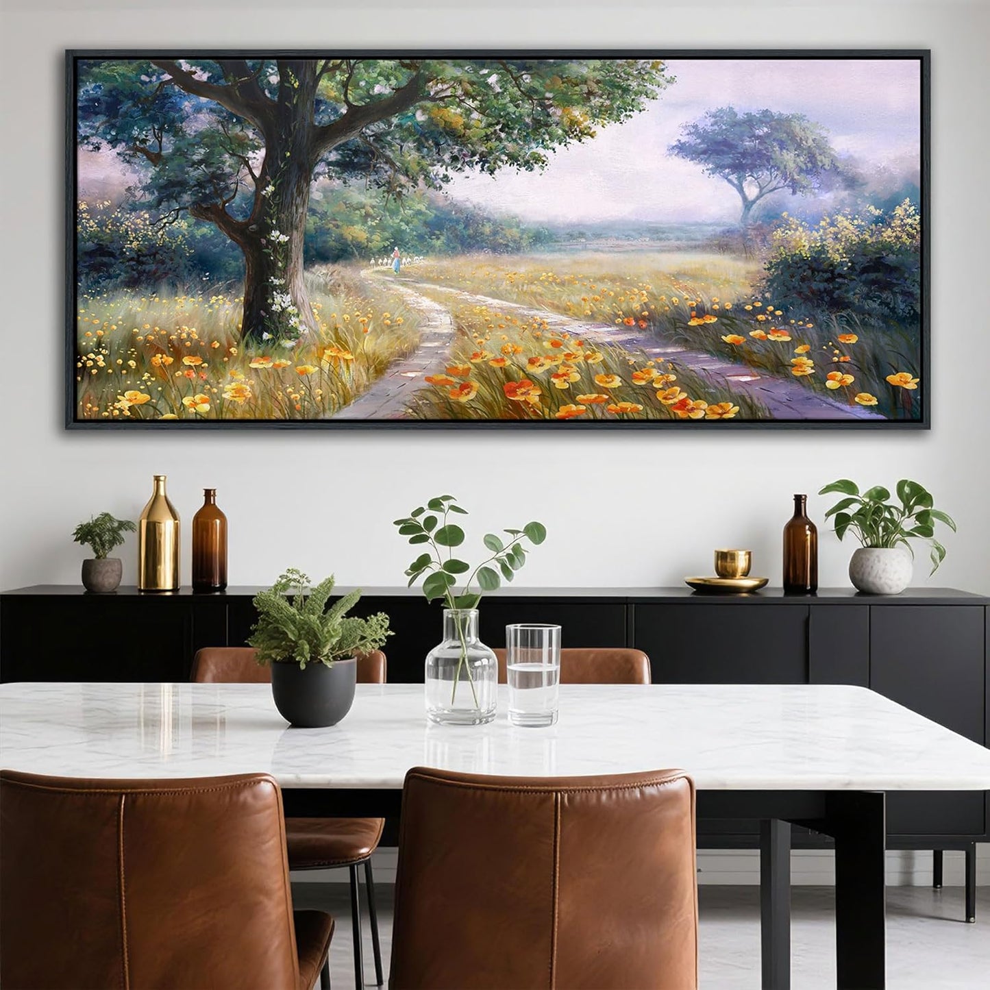 CHATYOUNG Large Landscape Wall Art, Rustic Wildflowers Way Home Yellow Green Pictures Farmhouse Canvas Painting Framed Artwork for Bedroom Living Room Kitchen Home Office Wall Decor 71"x32"