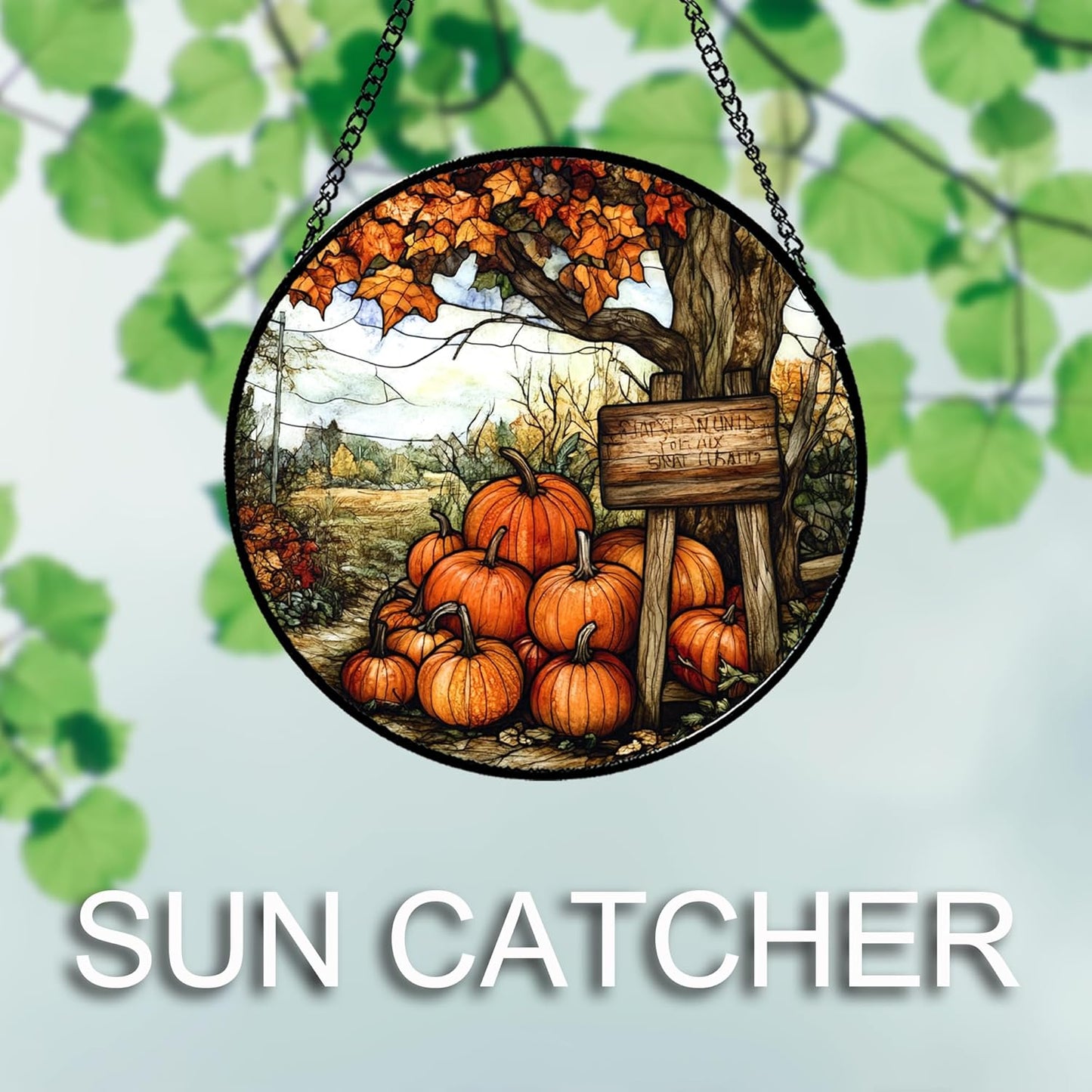 Stained Glass Window Hanging Fall Farm Scenery Maple Trees Pumpkin Large 15" - Suncatcher Door Garden Kitchen Sun Catcher Autumn Decor Birthday for Mom Nana Men Woman Friend