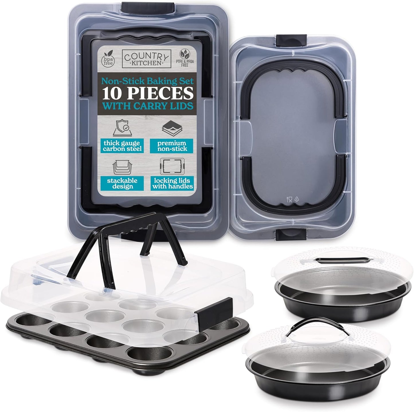 Country Kitchen Baking Pans Set - 10 Piece Non-Stick Cake Pans with Carry Lids for Easy Storage & Travel, Perfect for Parties - Stackable, Black