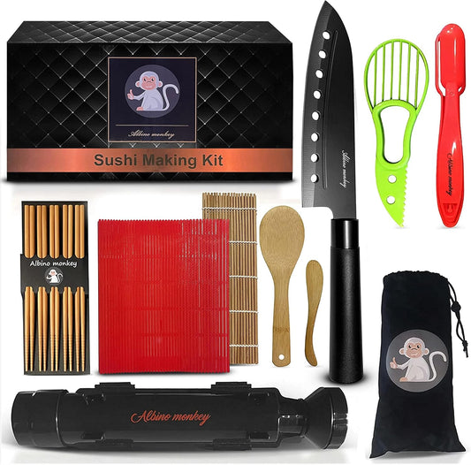 Sushi Making Kit for Beginners with Bazooka, Sashimi Knife, 2 Mats (Bamboo/Dishwasher-Safe PP), Nigiri Mold & Avocado Slicer | Food-Safe, Giftable, Step-by-Step Video Guide
