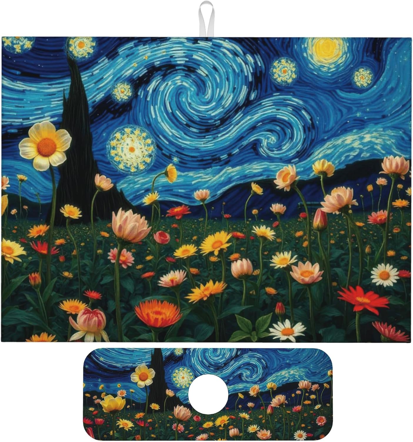 Starry Night Flowers Dish Drying Mat for Kitchen Counter, 18"x24" Microfiber Absorbent Fast Dry Mat, 2Pcs Dish Mat Faucet Mats Sets, Large Drying Kitchen Mat Kitchen Drying Pad