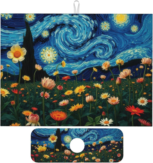Starry Night Flowers Dish Drying Mat for Kitchen Counter, 18"x24" Microfiber Absorbent Fast Dry Mat, 2Pcs Dish Mat Faucet Mats Sets, Large Drying Kitchen Mat Kitchen Drying Pad