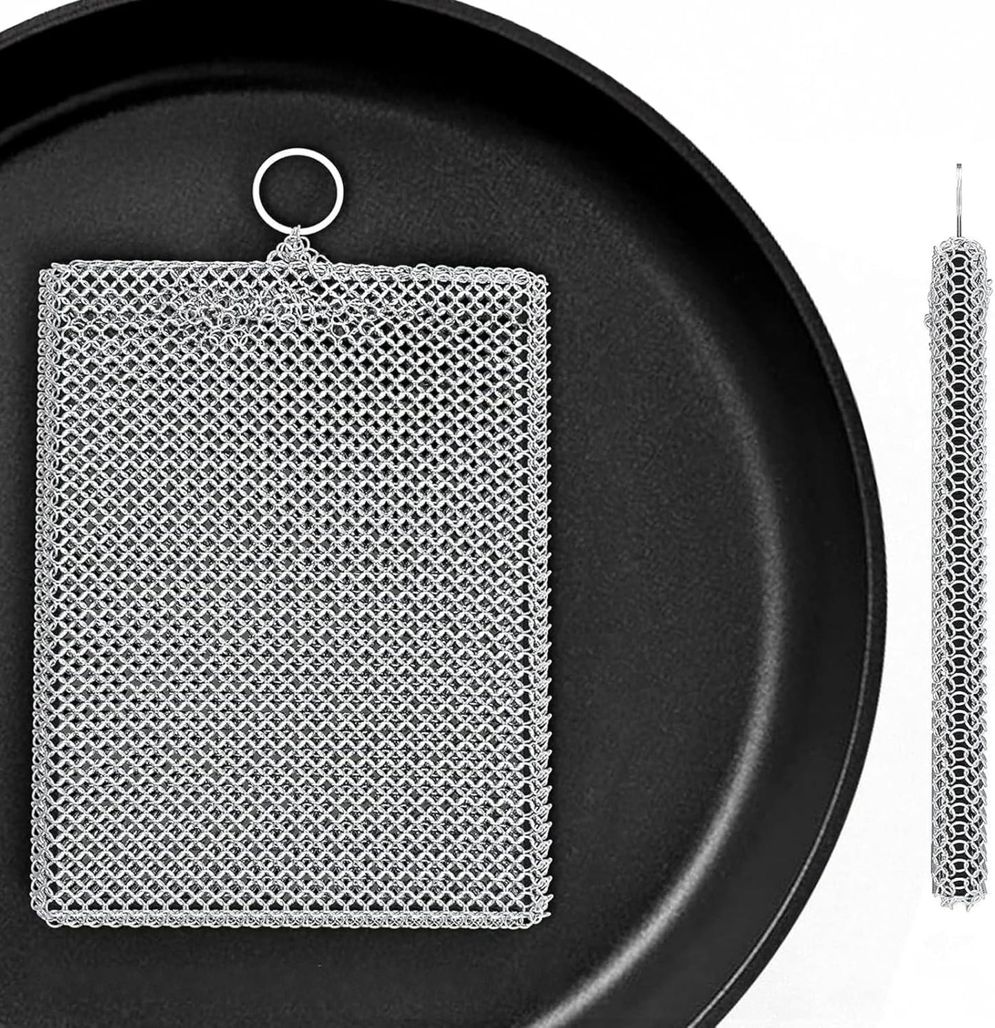 316L Stainless Steel Cast Iron Scrubber Cleaner,Chain Mail Scrubber with Silicone Insert for Cast Iron Skillet, Cleaning Steel Skillet, Wok, Carbon Steel (10CM*12CM)