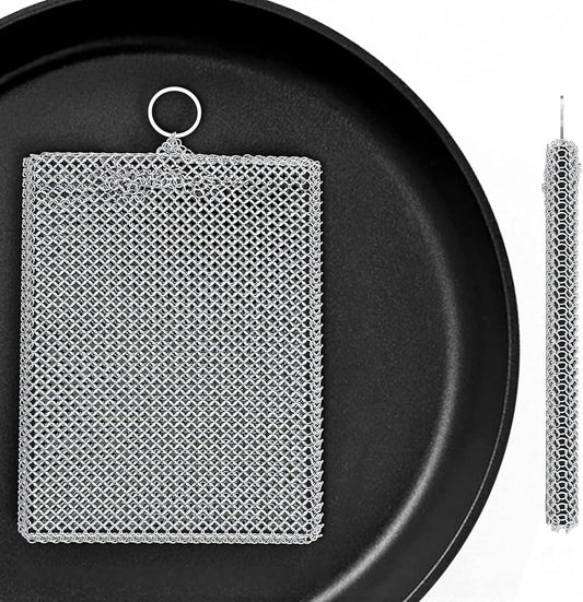 316L Stainless Steel Cast Iron Scrubber Cleaner,Chain Mail Scrubber with Silicone Insert for Cast Iron Skillet, Cleaning Steel Skillet, Wok, Carbon Steel (10CM*12CM)