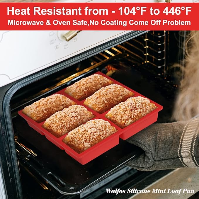 Walfos Silicone Mini Bread Baking Pan 6 Cavities Non-Stick Silicone Mini Loaf Pans 3 pcaks Food Grade Baking Mold For Bread, Cakes, Muffin, Dough, Easy Pop Out and Dishwasher Safe