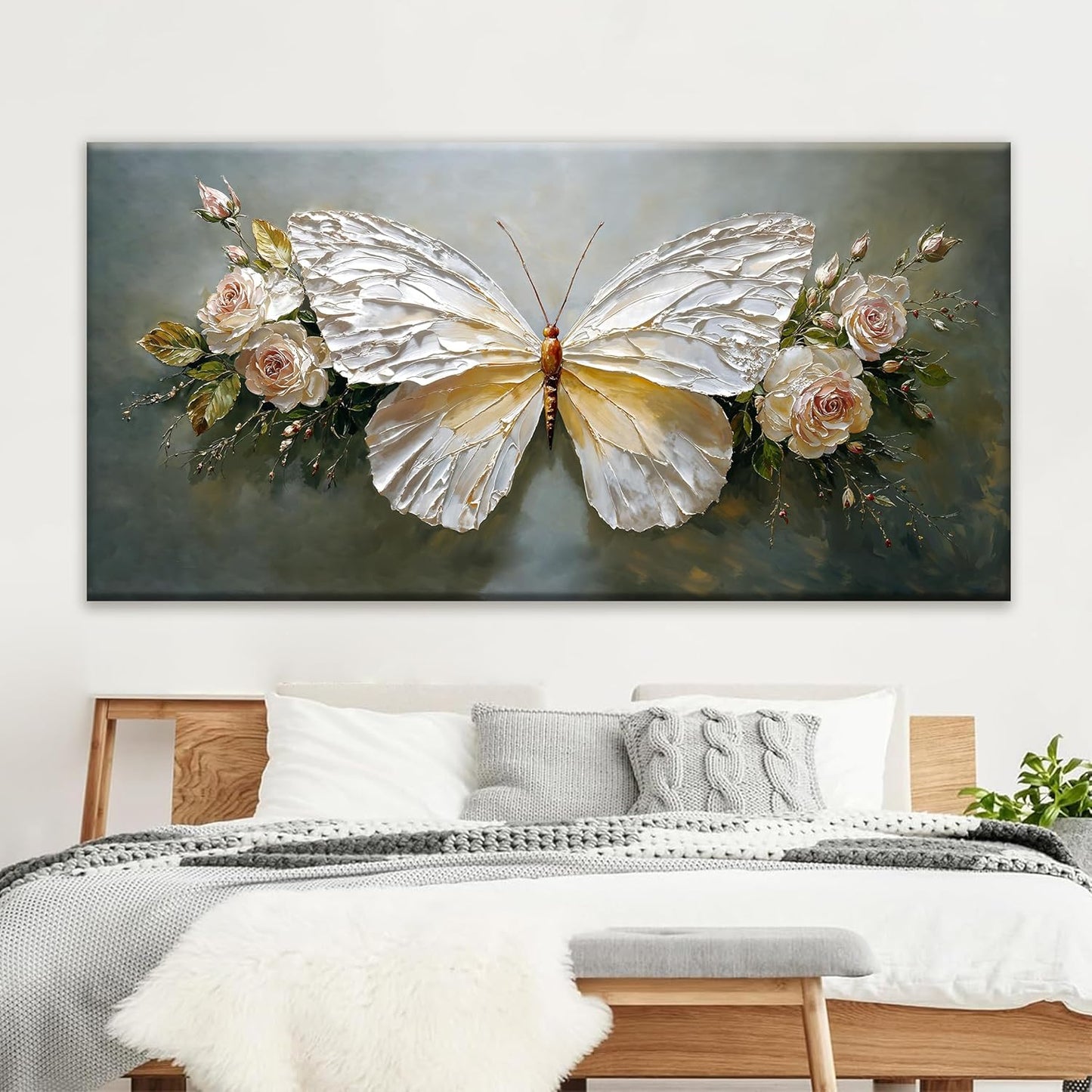 Large Wall Art Decor Abstract White Simple Butterfly And Rose Wall Art For Living Room Bedroom Office Kitchen Home Wall Decor 29x58 Inch Modern Abstract Artwork