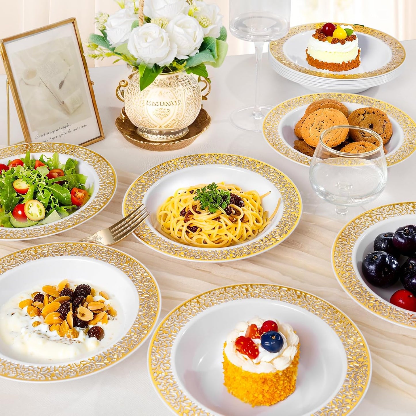 I00000 60 PCS Disposable Gold Plastic Dessert Bowls,12 oz Soup Plastic Bowls with Gold Rim,Heavy Duty for Wedding and Party