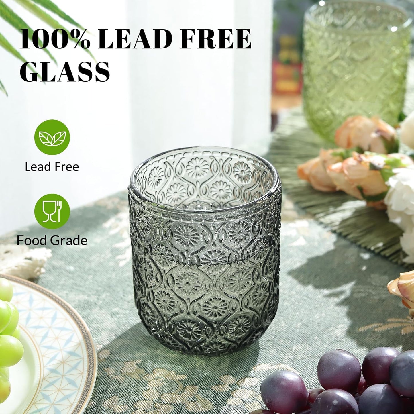 Joeyan Small Drinking Glasses,Vintage Embossed Floral Water Glass Tumbler Cups,Colored Beverages Cocktail Juice Wine Glassware,Multicolor,9 oz,Set of 4,Dishwasher Safe