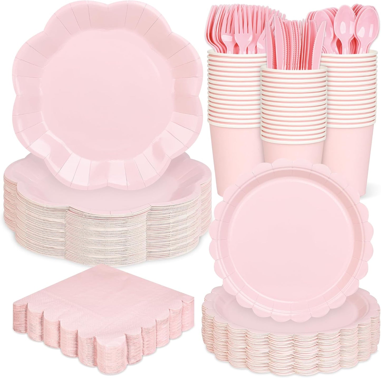 175 Pcs Light Pink Plates Cups and Napkins Set, Pink Scalloped Dessert Plates Party Supplies for 25 Guests Include Disposable Pink Party Plates Napkins Cup Cutlery for Baby Shower Wedding Birthday
