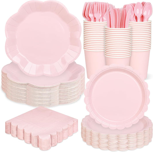 175 Pcs Light Pink Plates Cups and Napkins Set, Pink Scalloped Dessert Plates Party Supplies for 25 Guests Include Disposable Pink Party Plates Napkins Cup Cutlery for Baby Shower Wedding Birthday