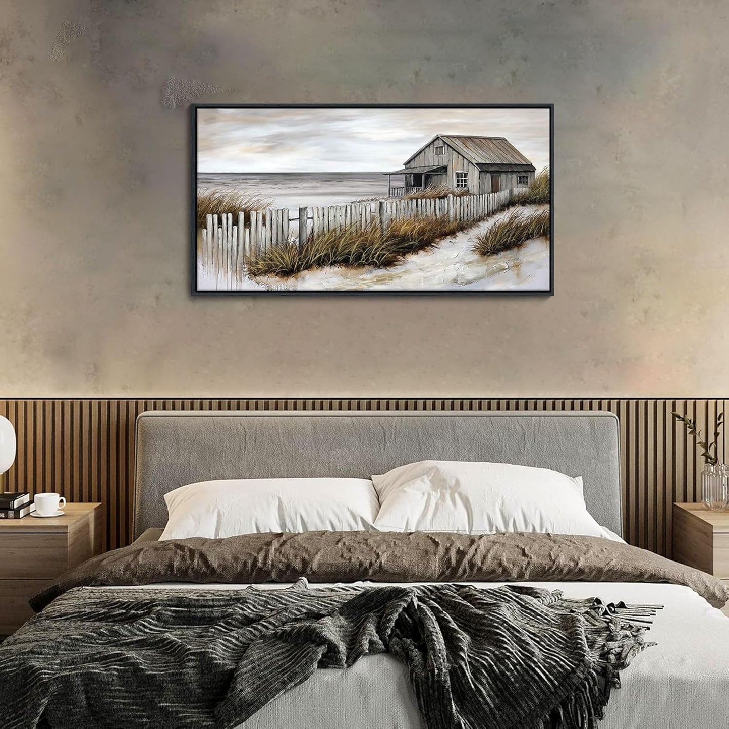 YDYSUNE Village Coastal Wall Art for Living Room - Retro Beach Fenced House Canvas Wall Decor for Home Artwork Painting Print for Bedroom Decoration Kitchen Office Hang a Picture Framed 20x40 Inches