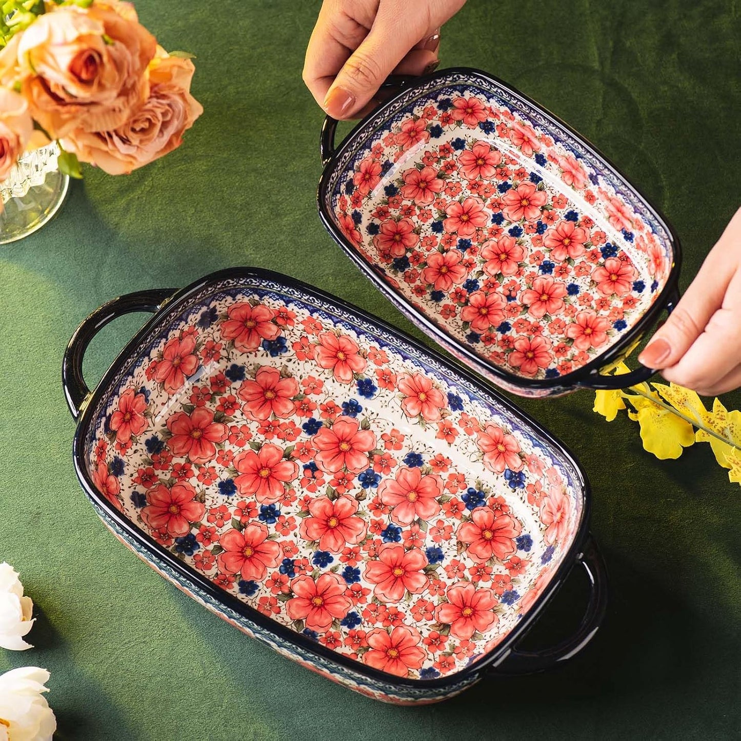 Baking Dish Ceramic Baking Pan Blue Casserole Dish Porcelain rectangular Baking Set 2pcs Bakeware Sets Lasagna Pan Baking Dishes for oven(Pum flower)