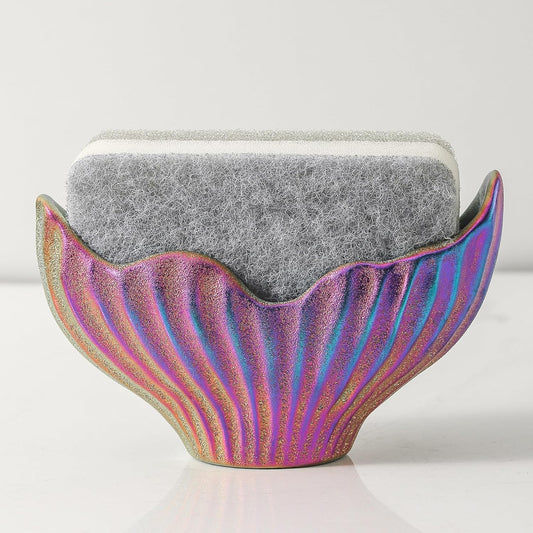 Sponge Holder for Kitchen Sink, Ceramic Dish Sponge Holder with Fishtail Design, Sink Caddy Organizer for Countertop, Farmhouse Kitchen Decor, Compact Counter Dish Caddy (Rainbow)
