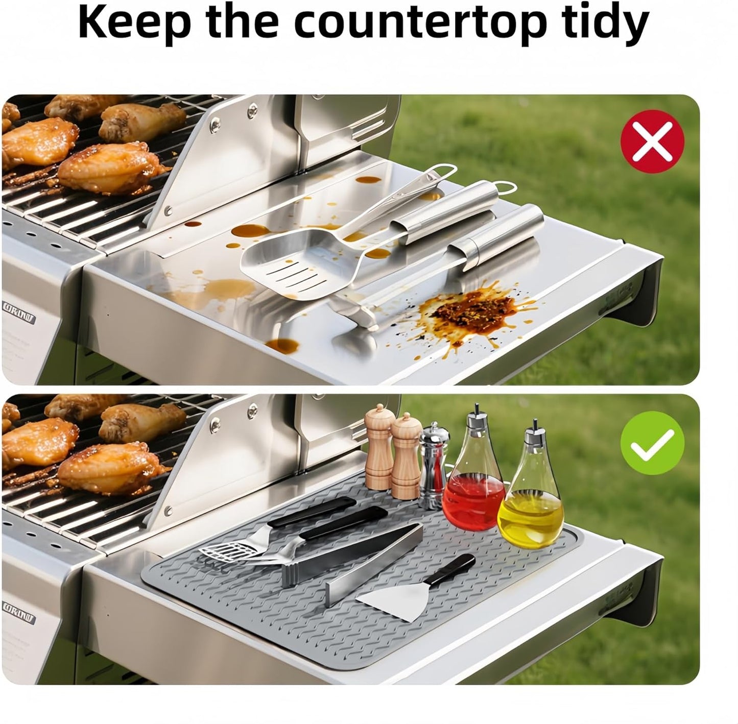 Blackstone Griddle Accessories Silicone Grill Side Shelf Tool Mat, Outdoor BBQ Spatula Mat, with Drip Pad Kitchen Countertop Heat Resistant Mat (Grey)