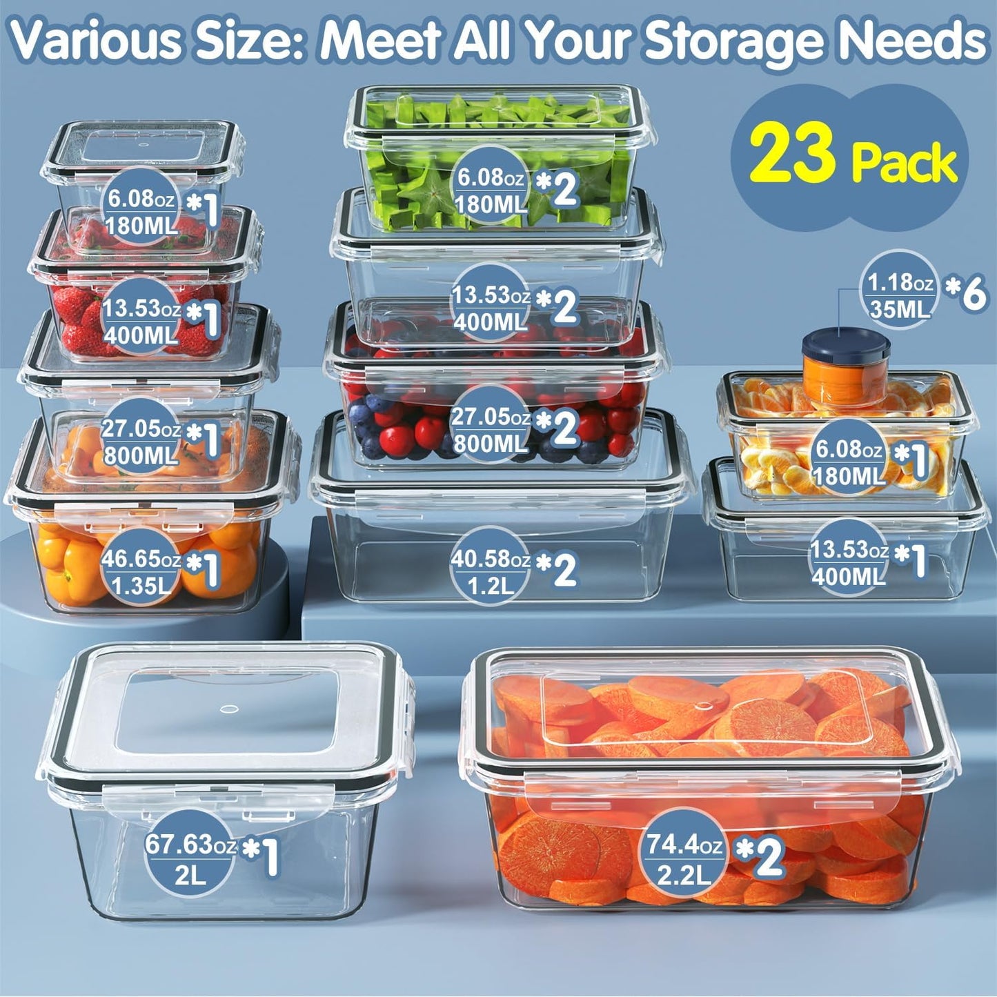 46 PCS Food Storage Containers with Lids(23 Containers & 23 Lids), Reusable Plastic Food Containers with Lid for Kitchen Storage and Organization, BPA-Free & Leak Proof with Labels & Pen