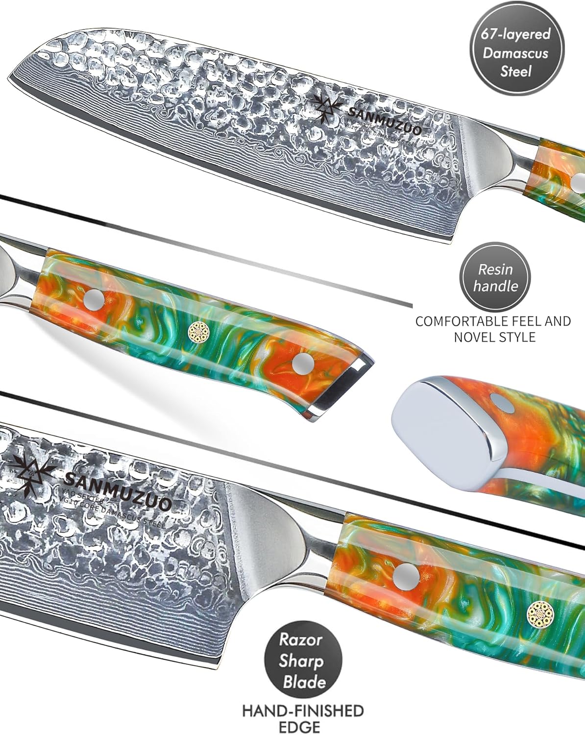 7" Santoku Knife - Japanese Chef Knife - Hammered Damascus Steel & Resin Handle - YAO Series
