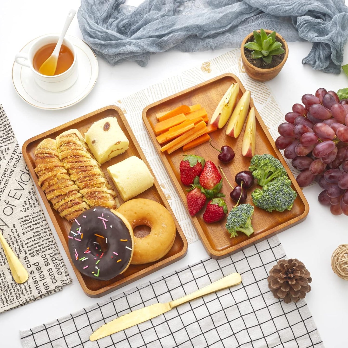 1 pcs 15"x 10" Solid Acacia Wood Serving Tray Rectangular Wooden Serving Platter Natural Wooden Board for Bar Coffee Party