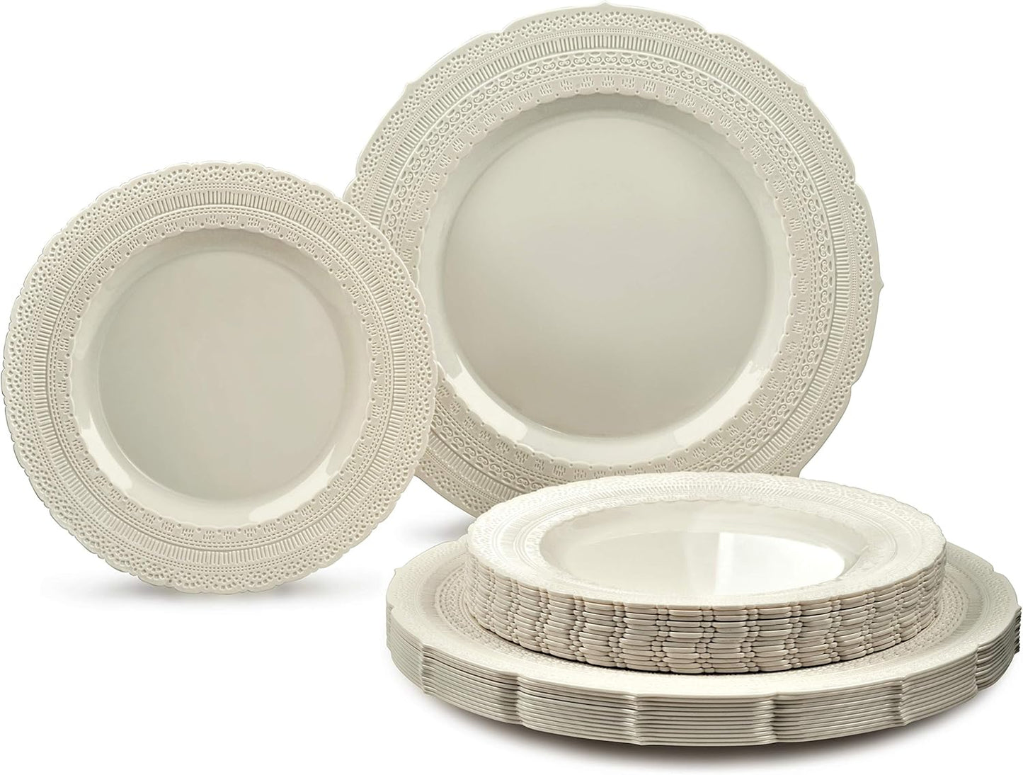 " OCCASIONS " 50 Plates Pack (25 Guests)-Extra Heavyweight Vintage Wedding Disposable/Reusable Plastic Plates -25 x 11'' Dinner + 25 x 8.25'' Salad/dessert (Chateau Collection Ivory)
