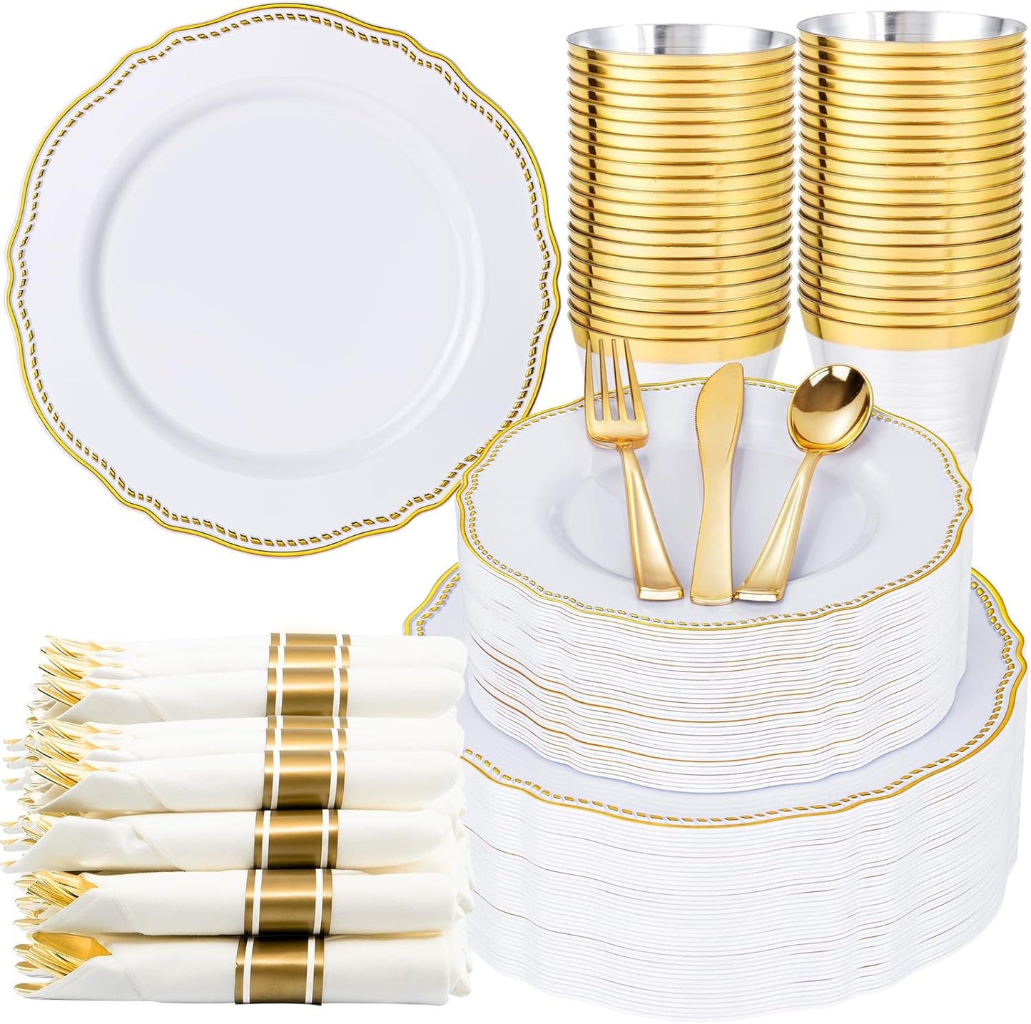 Hioasis 350pcs White and Gold Plastic Plates - Gold Plastic Dinnerware Set Includes 50 Dinner Plates, 50 Dessert Dinnerware, 50 Cups, 50 Rolled Napkin Cutlery Perfect for Wedding & Thanksgiving