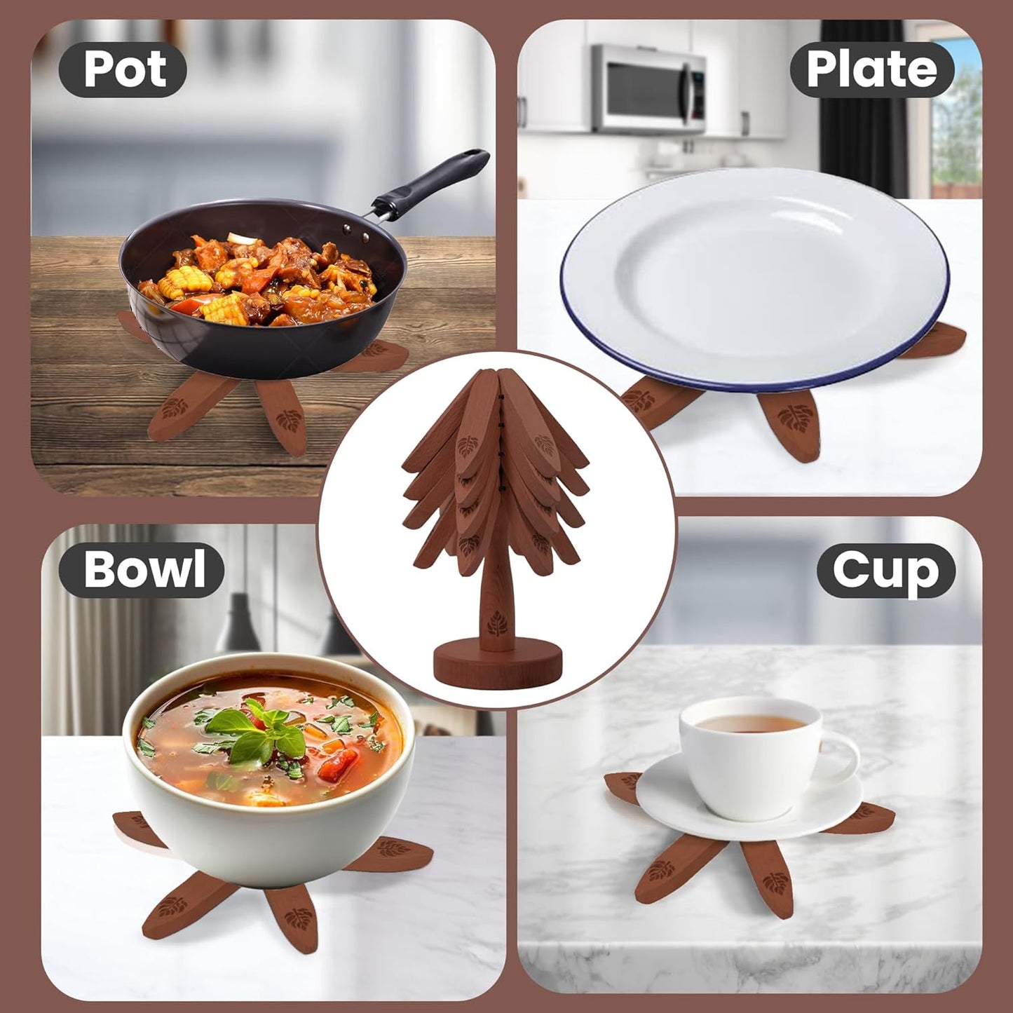 Expandable Wooden Trivets & Coaster Set for Hot Dishes Tree-Shaped Trivet Set – 4 Expanding Trivets + 1 Stand – Heat-Resistant Kitchen Decor for Pots, Bowls, Coffee & Teapots