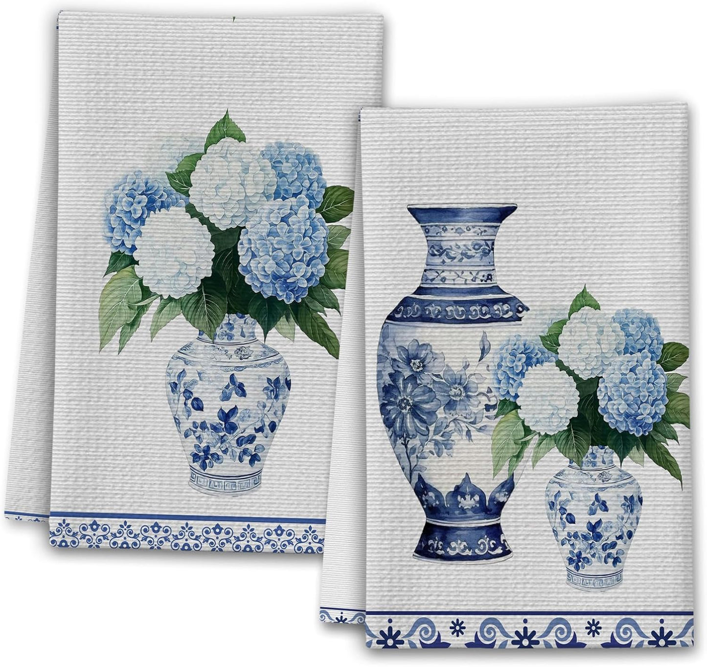 Blue and White Hydrangea Porcelain Floral Kitchen Towels, Chinoiserie Porcelain House Hand Towel Set of 2, Vintage Gifts for Home Bathroom Holiday Decor - A08