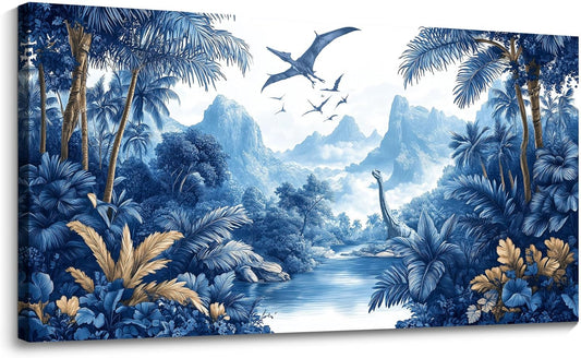 HKDGOKA Vintage Forest Wall Art, Blue Large Jurassic Dinosaur Canvas Pictures Tree Mountains Lake Landscape Paintings Artwork for Bedroom Living Room Kitchen Home Office Decor 24x48 IN