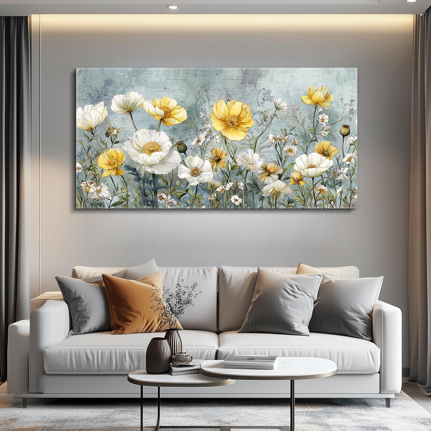 QIYILEXWART Canvas Wall Art For Living Room Wall Decor For Bedroom Office Wall Decoration Yellow White Flowers Landscape Painting Farmhouse Pictures Artwork Room Aesthetic Home Decor 20x40 In