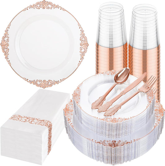Hioasis 175pcs Clear Rose Gold Plastic Plates - Elegant Disposable Dinnerware Set Suitable for 25 Guests Include 10.25" Dinner & 7.5" Dessert Plates, Cutlery, Napkins, Cups for Party