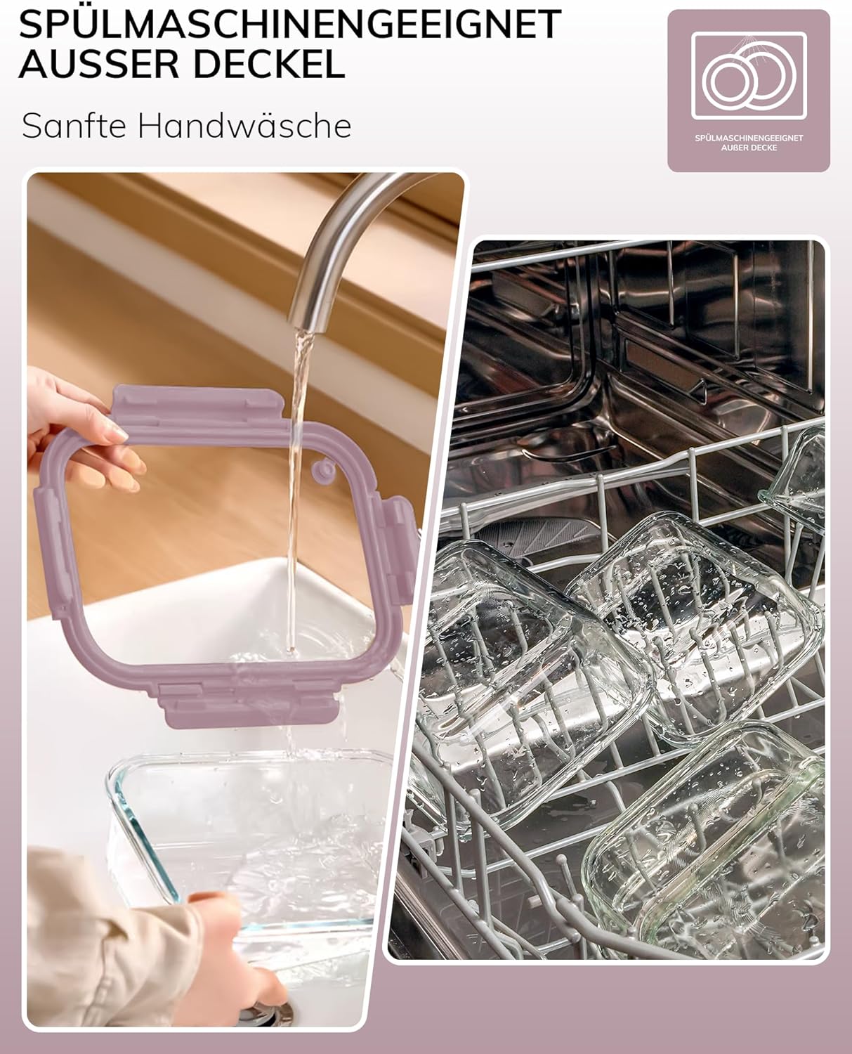 5-Pack Borosilicate Glass Containers with Tempered Lids, 35.2oz/4.4 Cup Airtight Meal Prep Set, Microwave/Freezer Safe (Pink)