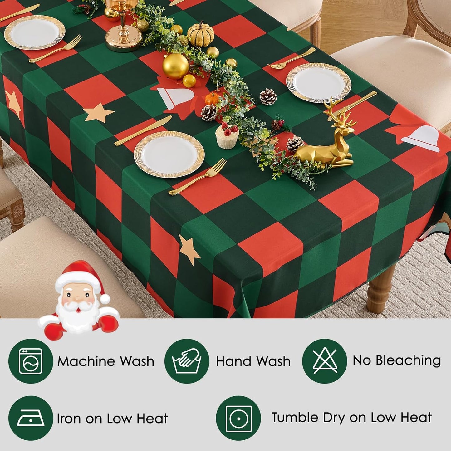 Christmas Tablecloth Rectangular 60x102 Inch Waterproof, Machine Washable Checkered Polyester Table Cover for Xmas Party, Winter Holiday Home Decoration in Festive Checkered Star 1pack