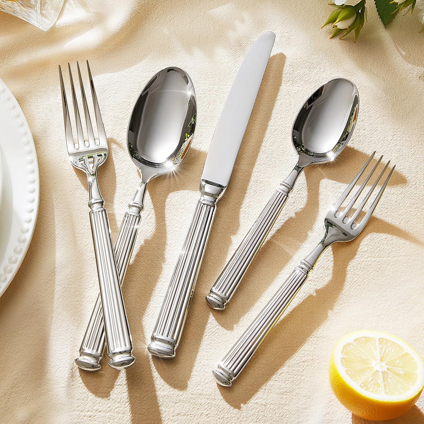 KINGSTONE Silverware Set, 10-Piece 18/10 Stainless Steel Flatware Set - Roman Column Embossed Thick Handle, for Wedding, Home, Restaurant, Kitchen and Party, Mirror Polish & Dishwasher Safe