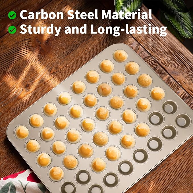 Beasea Mini Muffin Pan 48 Cups Nonstick, 1 Pack 48 Mini Small Tiny Cup Non Stick Muffin Baking Pan Tin Tray Carbon Steel Bakeware Individual Cupcake Baking Pan - Gold