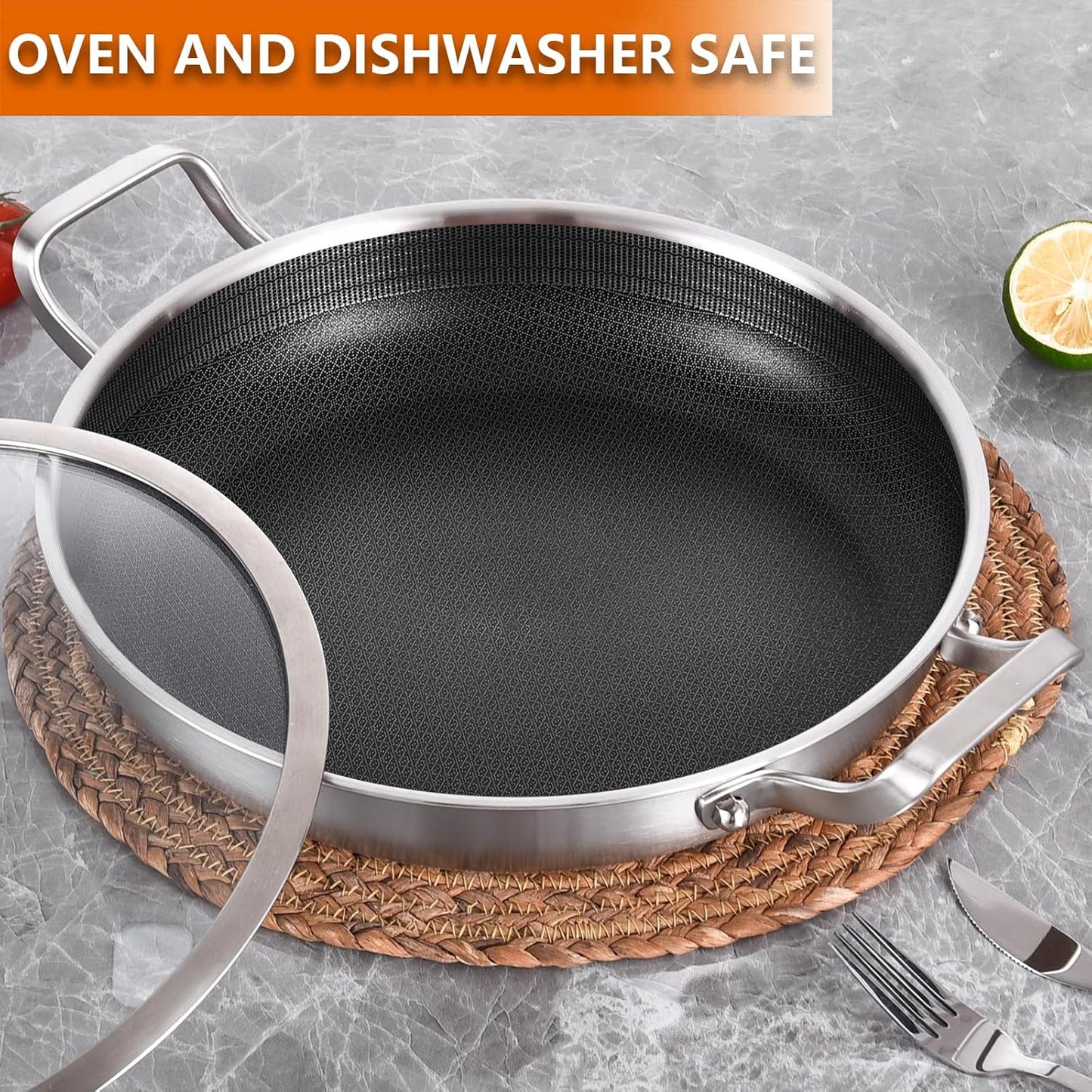 DELARLO Skillet With Lid,Tri-Ply Stainless Steel Pan,12 Inch Non Stick Paella Pan,Skillets And Frying Pans,Nonstick skillet Kitchen Oven Safe Skillet,Heavy Duty Style