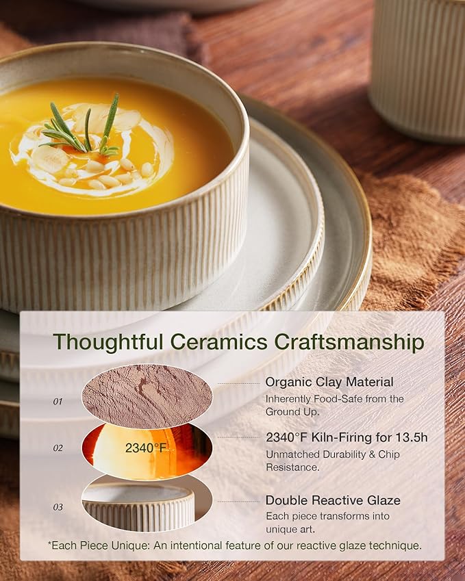 Famiware Star Dinnerware Set with Mugs, Service for 6 (24 Pieces), Ribbed Stoneware Plates and Bowls Dishes Sets - Chip & Scratch Resistant, Microwave & Dishwasher Safe, Cappuccino White