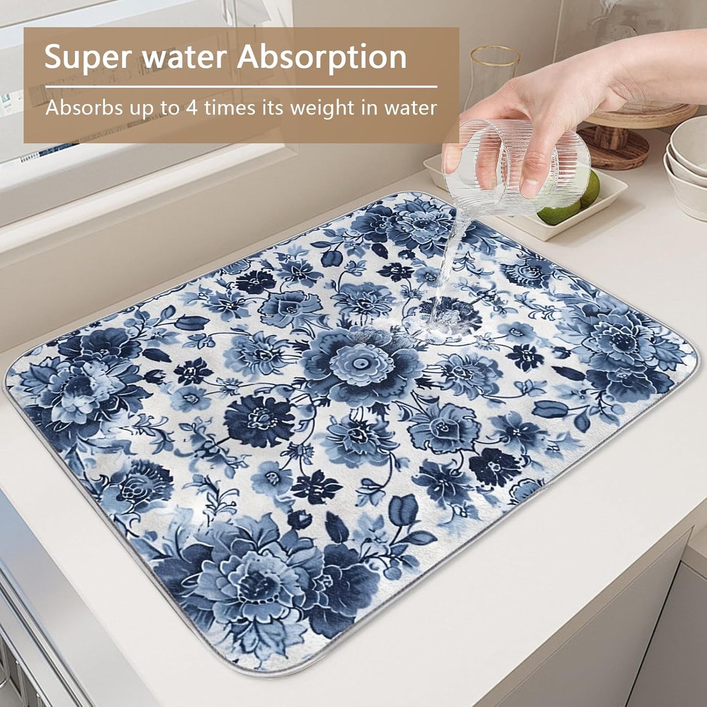Dish Drying Mat for Kitchen - Blue Flower Print Microfiber Kitchen Mat, Watercolor Non-Slip Absorbent Sink & Countertop Protector, Reusable for Dishes Bowl Cup Pan 18x24 Inches