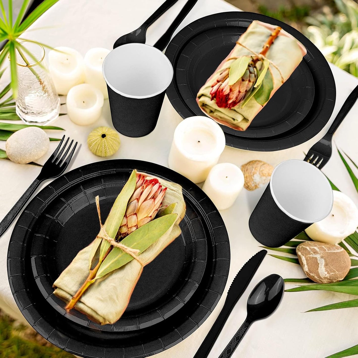 TWOWYHI 228PCS Black Party Supplies Set Include Paper Plates Cups Black Napkins Plastic Spoons Forks Knives for 30 Guests Disposable Party Dinnerware for Birthday Wedding Family Picnic