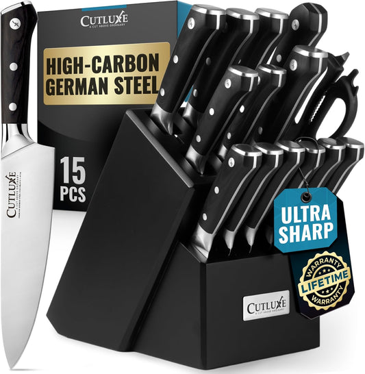 Cutluxe 15-Piece Knife Set – Premium Black Wood Block – Knife Set for Kitchen, Ultra Sharp High Carbon German Stainless Steel, Full Tang – Artisan Series
