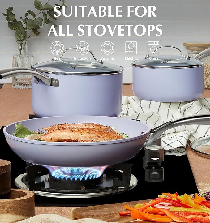 KOCH SYSTEME CS Nonstick Sauce Pan with Lid 1QT & 2QT & 3QT, 6pcs Nonstick Saucepan Set with Cool-Touch Handles, Sauce Pot Set with Ceramic Coating, Induction Compatible Sauce Pan, Oven Safe, Purple